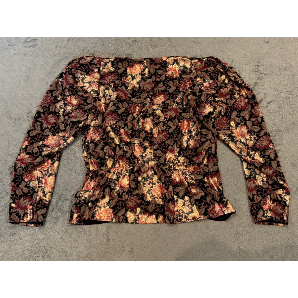 Express Womens Metallic Gold Floral Peplum Wrap Blouse Puff Sleeve V-Neck Large - Picture 6 of 7